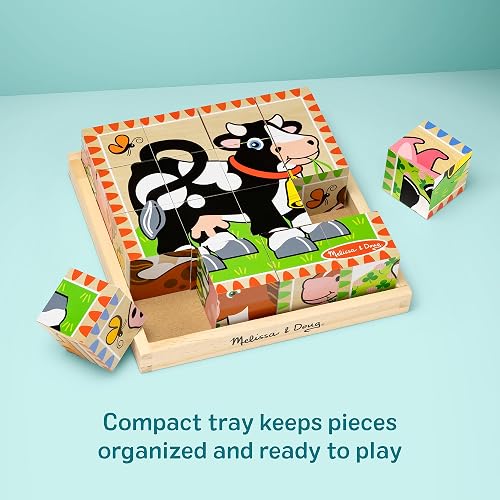 Melissa & Doug Rompecabezas de Cubos Animales de la Granja, Seis Rompecabezas en Uno, Juguete de Madera, Juguete de Desarrollo (16 Cubos y Bandeja) - Certificados FSC