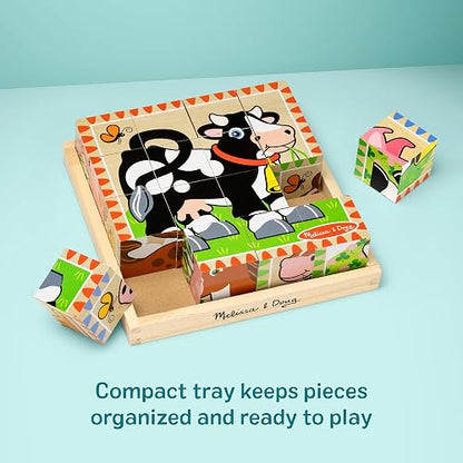 Melissa & Doug Rompecabezas de Cubos Animales de la Granja, Seis Rompecabezas en Uno, Juguete de Madera, Juguete de Desarrollo (16 Cubos y Bandeja) - Certificados FSC