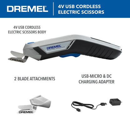 Dremel - Tijeras eléctricas inalámbricas de 4 V con batería recargable USB y dos accesorios de cuchilla, ideal para cortar cartón, tela y papel, HSSC-01