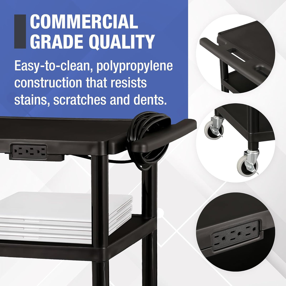 Norwood Commercial Furniture NOR-OUG1042-SO Adjustable-Height Mobile Black Plastic Utility AV Cart with Power Strip
