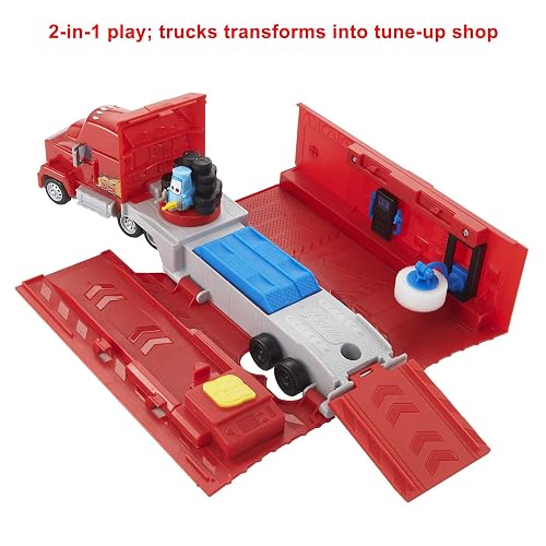 Mattel Disney and Pixar Cars Transforming Mack Playset, camión de Juguete 2 en 1 y estación de afinación con Lanzador, elevación y más