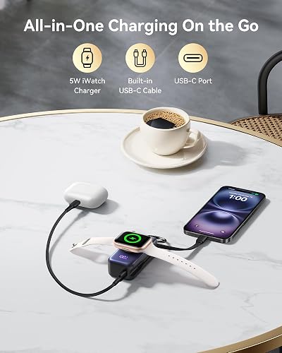 INIU Cargador portátil 3 en 1, pequeño Banco de energía de 5000 mAh con Cable USB C Incorporado y Cargador de Reloj, Paquete de batería de Carga rápida PD de 20 W, Cargador de Viaje para iPhone 16 15