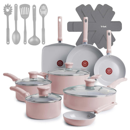 T-fal Batería de Cocina 20 Piezas Refresh Cerámica Antiadherente, Ollas y Sartenes, Apta para Horno hasta 380°F, Set Completo para Cocina, Uso Diario, C493SK74