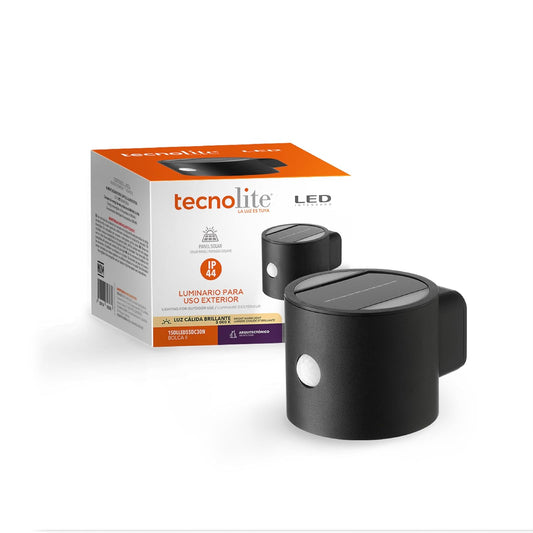Tecnolite - Lámpara Solar Arbotante LED 0.6 W, Luz Cálida Brillante, Sensor de Movimiento, IP44, No atenuable