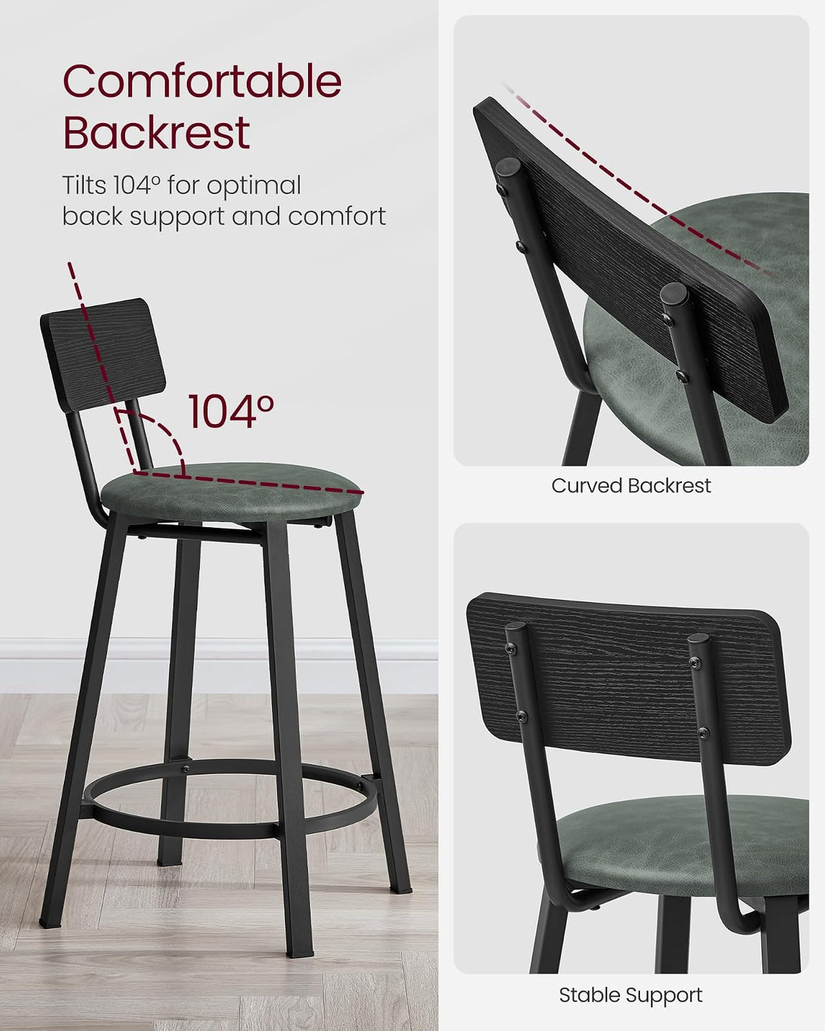 VASAGLE - Taburetes de Bar, Juego de 2, Tapizados de Poliuretano, con Respaldo y Reposapiés, Montaje Simple, para Comedor y Cocina, Negro y Verde Bosque
