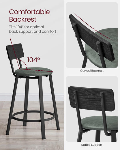 VASAGLE - Taburetes de Bar, Juego de 2, Tapizados de Poliuretano, con Respaldo y Reposapiés, Montaje Simple, para Comedor y Cocina, Negro y Verde Bosque