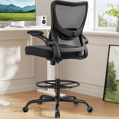 Marsail - Silla de Dibujo, Silla de Oficina Alta con Soporte Lumbar 2D, Silla de computadora de pie con reposabrazos abatibles Acolchados y Anillo de reposapiés Ajustable, Color Negro