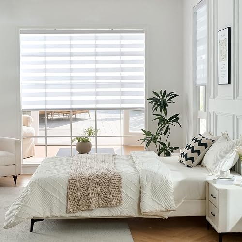 Joydeco - Mini persianas de cebra inalámbricas para ventanas, color blanco transparente filtrando la luz de privacidad de doble capa para puerta corredera de vidrio de recámara, 35 pulgadas de ancho x 75 pulgadas de alto