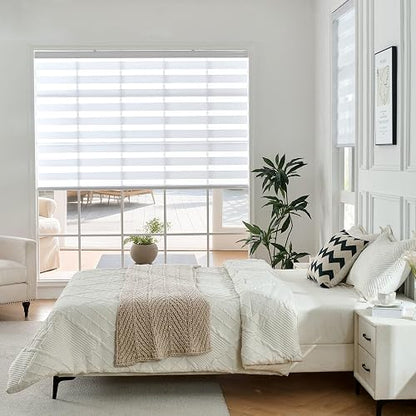 Joydeco - Mini persianas de cebra inalámbricas para ventanas, color blanco transparente filtrando la luz de privacidad de doble capa para puerta corredera de vidrio de recámara, 35 pulgadas de ancho x 75 pulgadas de alto
