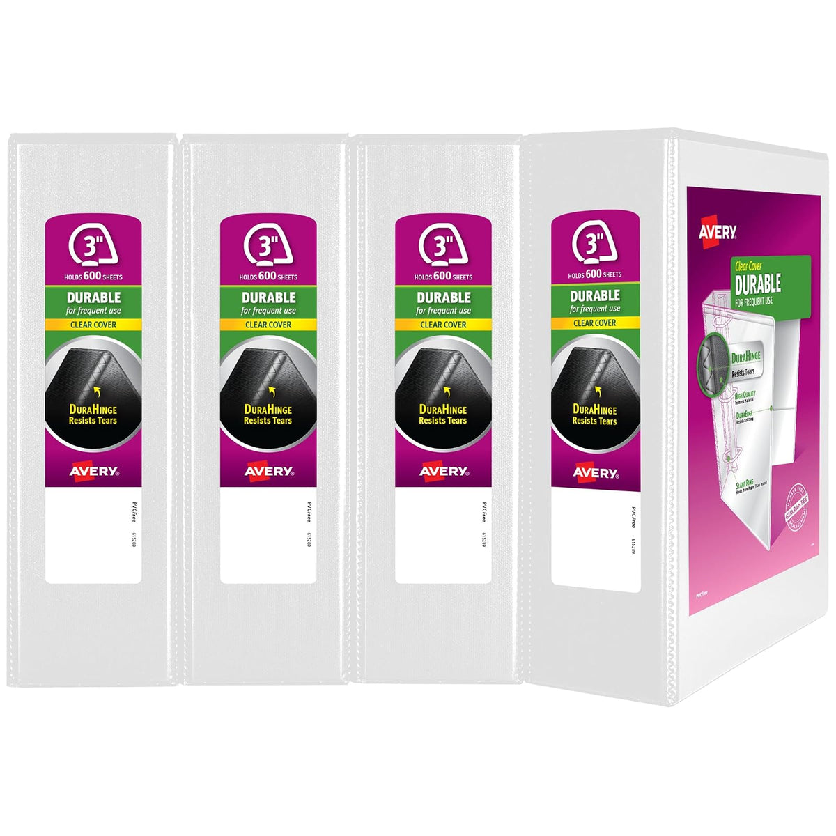 Avery 17030 - Carpeta de 3 anillos inclinados de 3 pulgadas, vista duradera | Para uso diario en la escuela y en la oficina, columna vertebral DuraHinge, lados resistentes a las roturas - 7.62cm (3") - Paquete de 4 - Blanco