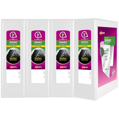 Avery 17030 - Carpeta de 3 anillos inclinados de 3 pulgadas, vista duradera | Para uso diario en la escuela y en la oficina, columna vertebral DuraHinge, lados resistentes a las roturas - 7.62cm (3") - Paquete de 4 - Blanco