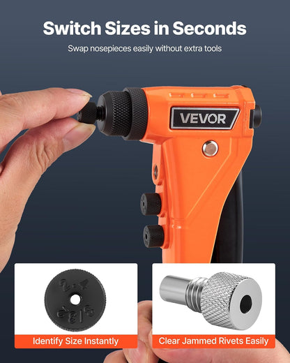 VEVOR Juego de Remachadoras con 200 Remaches Ciegos, 4 Boquillas Intercambiables, 4 Brocas y Estuche, Manual para Bricolaje de Metal, de Una Sola Mano, 230 x 195 x 33 mm, Color Naranja y Negro
