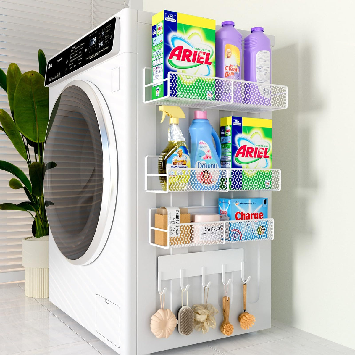 Paquete de 4 estantes magnéticos para Lavadora, Organizador magnético de lavandería Resistente con Ganchos, Estante de Lavadora para refrigerador, cestas de Almacenamiento de Metal, organización de - Blanco - Paquete de 4
