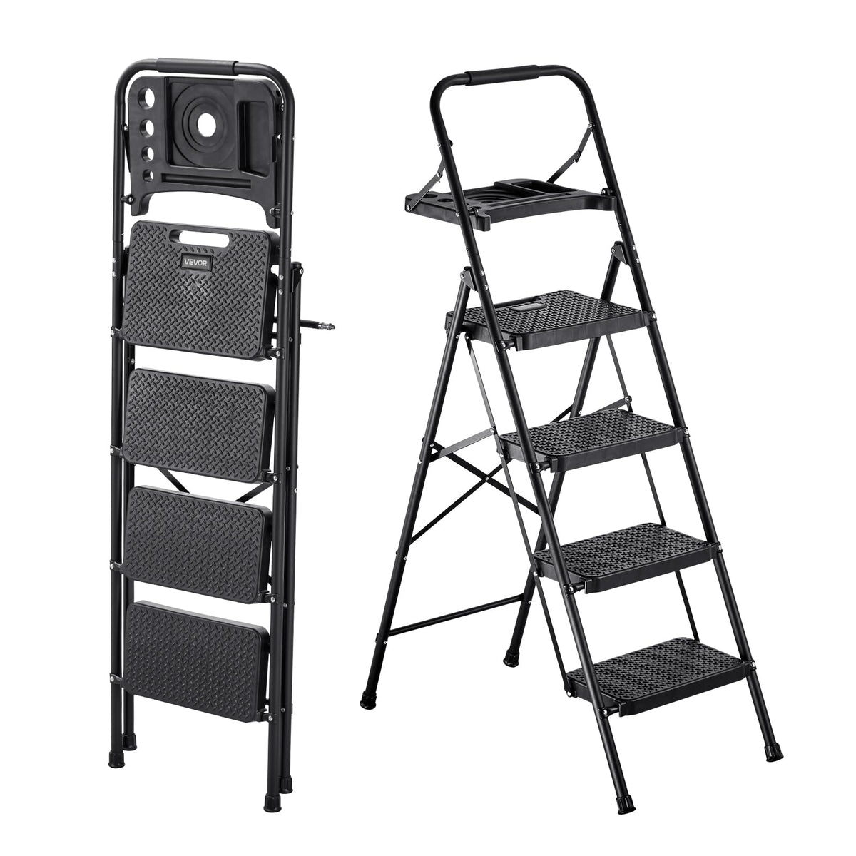 VEVOR Escalera Plegable de 4 Peldaños, Escalera de Tijera con Estructura de Acero, Capacidad de Carga Máx. 272 kg, Pies Antideslizantes Bandeja de Herramientas Asa de Goma, para Hogar Cocina Oficina - 4-Step