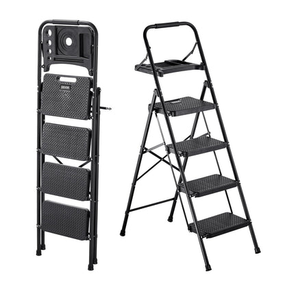 VEVOR Escalera Plegable de 4 Peldaños, Escalera de Tijera con Estructura de Acero, Capacidad de Carga Máx. 272 kg, Pies Antideslizantes Bandeja de Herramientas Asa de Goma, para Hogar Cocina Oficina - 4-Step