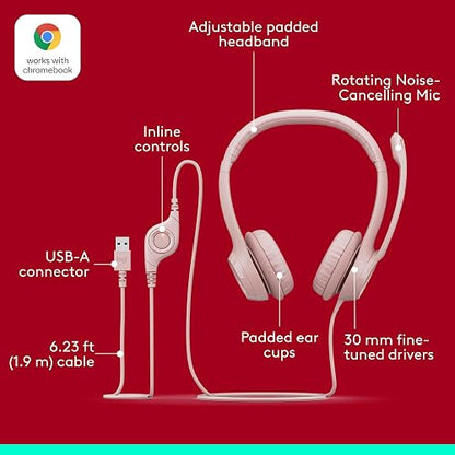 Logitech H390 Headsets con Cable para PC/Laptop, Auriculares estéreo con micrófono y cancelación de Ruido, USB-A, Controles directos, Funciona con Chromebook - Rosa