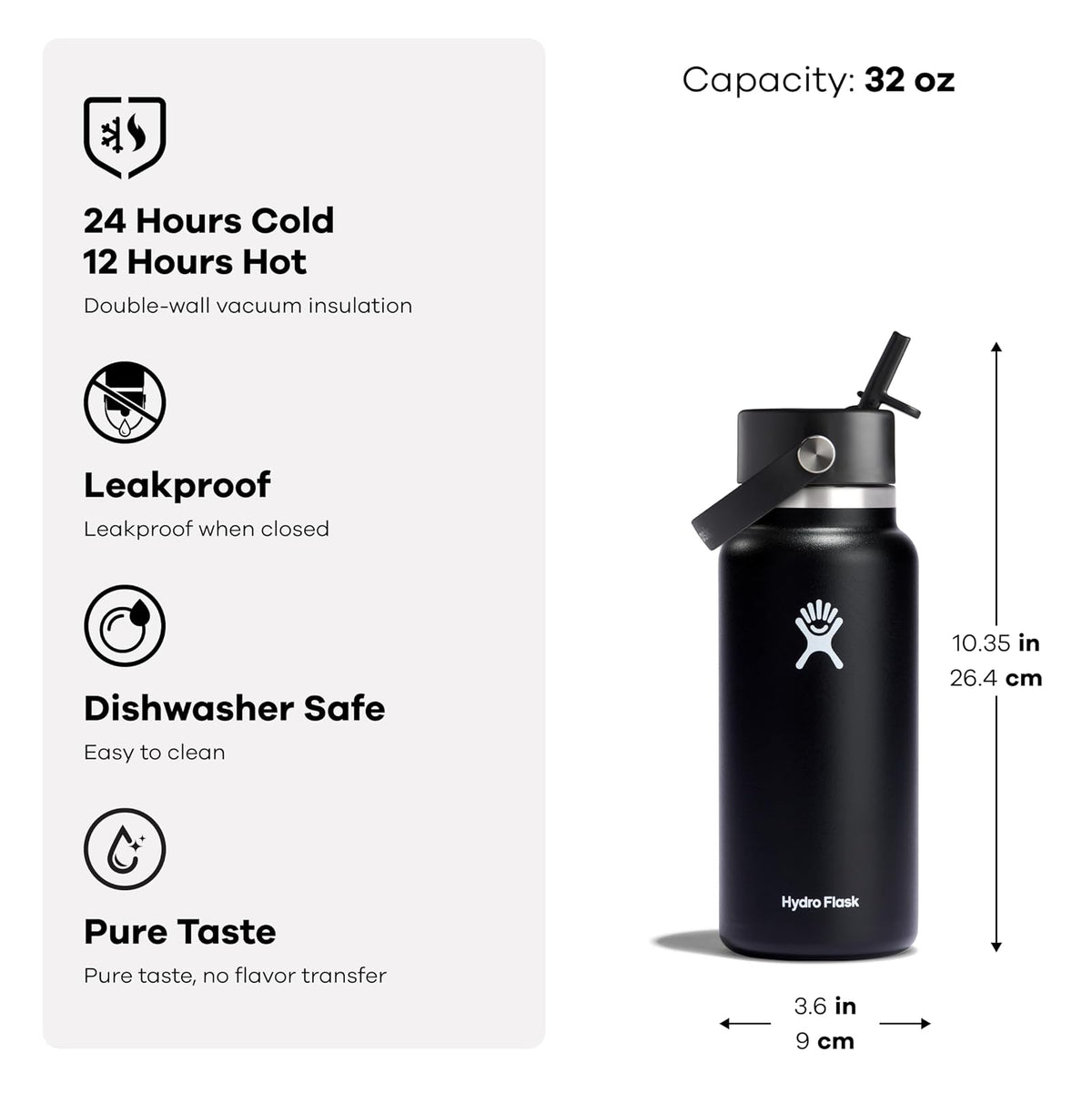 Hydro Flask - Botella de agua de acero inoxidable aislada, tapa flexible de boca ancha, antiderrames, a prueba de fugas y recargable, color blanco de 40 onzas