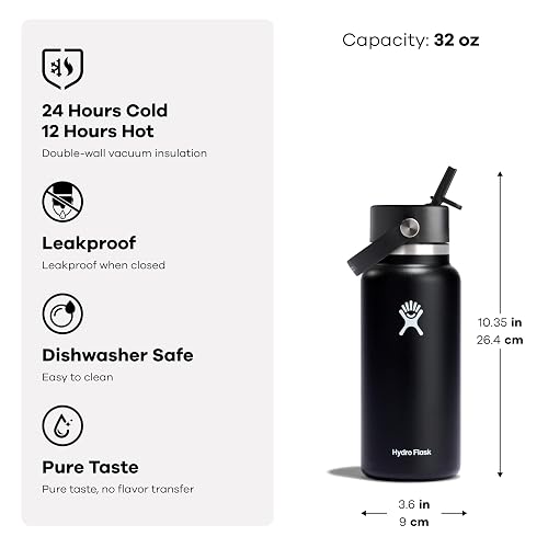 Hydro Flask - Botella de agua de acero inoxidable aislada, tapa ancha con popote, no derrama, a prueba de fugas en trillium rosa de 32 onzas