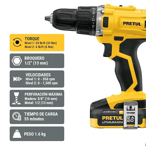 PRETUL TALI-20P2K, Kit taladro/destornillador 1/2", 20V con 32 accesorios