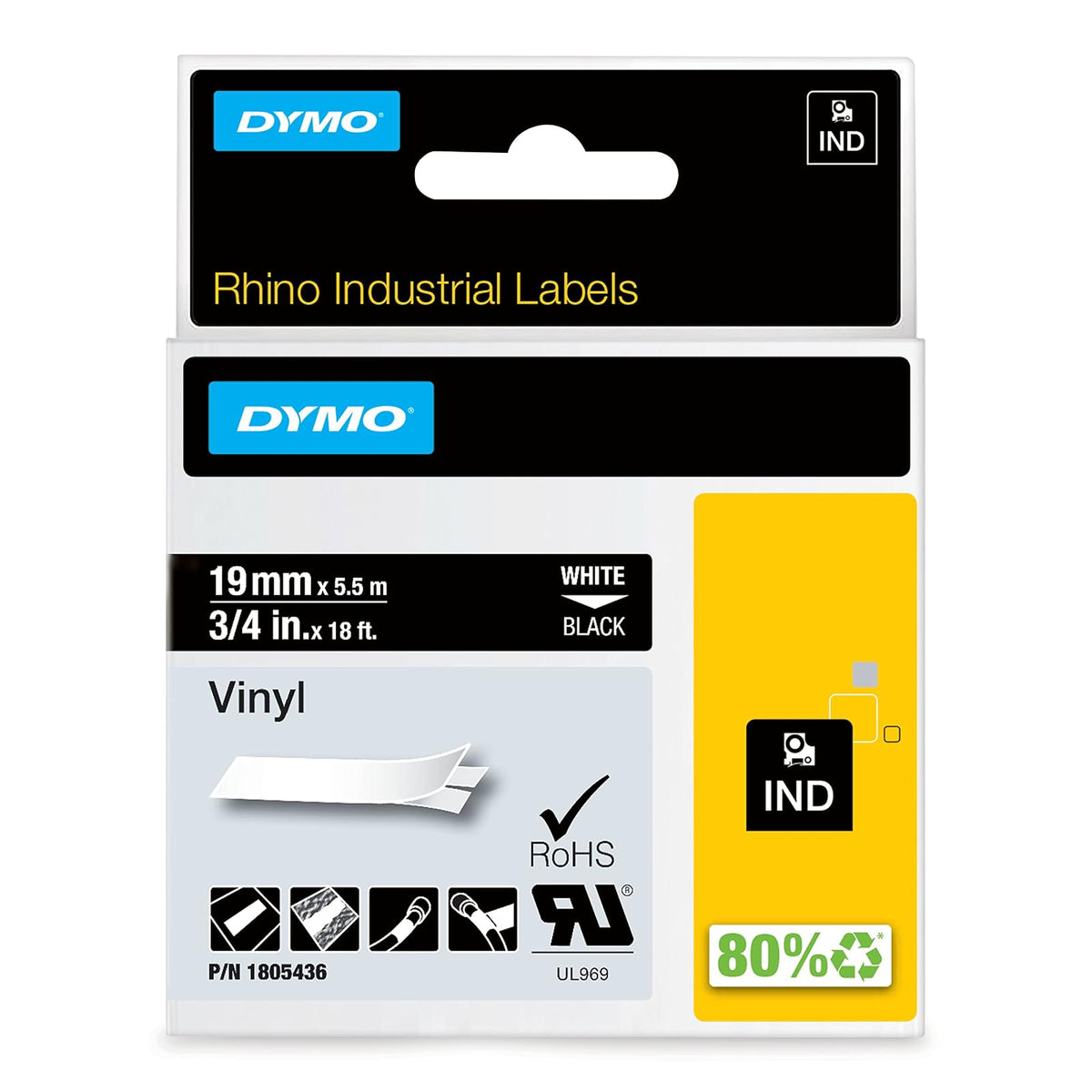 DYMO Rhino Adhesive Vinyl Label Tape, 3/4-inch, 18-foot Cassette, Black (1805436)