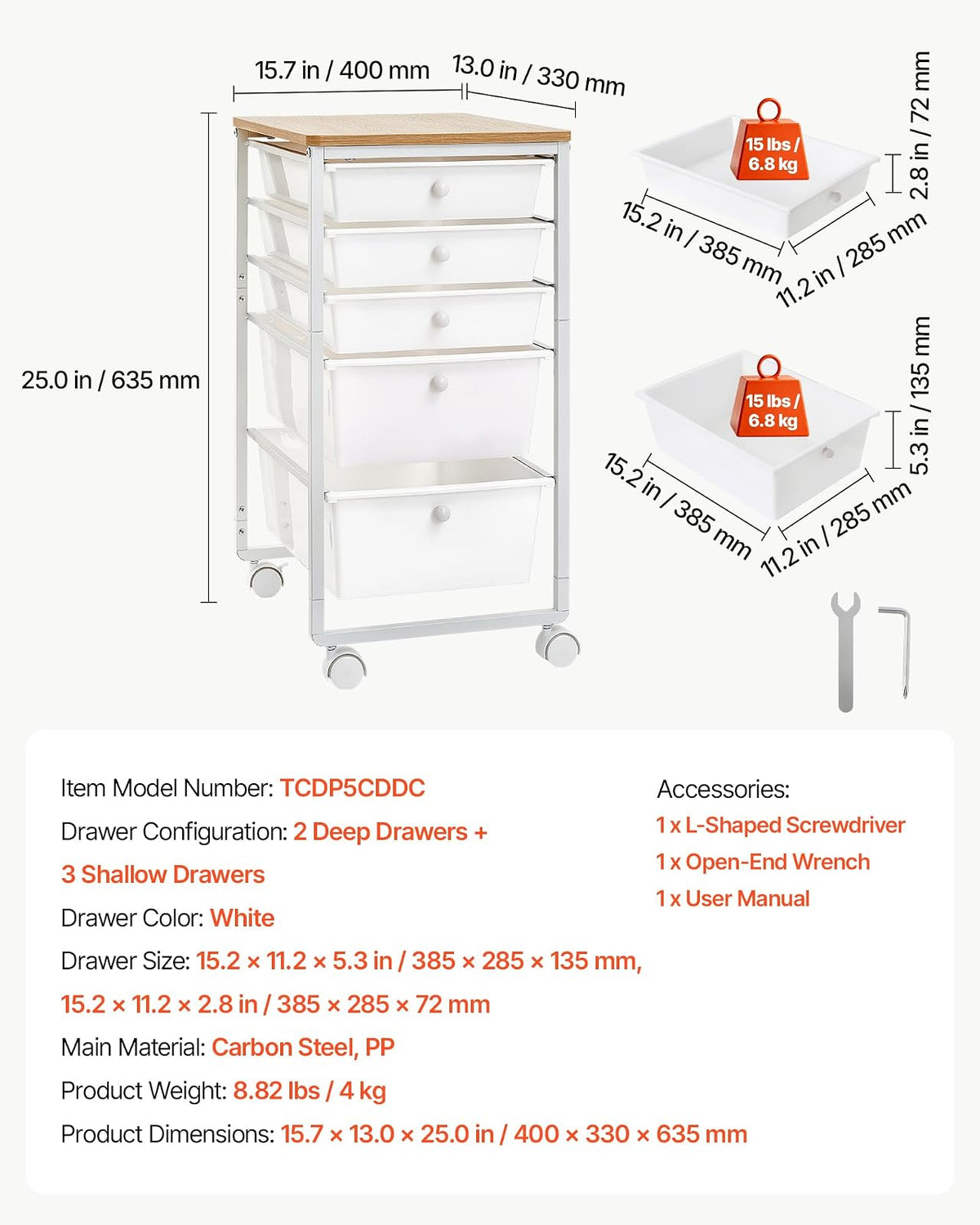 VEVOR Carrito Organizador de Metal con 5 Cajones, Carrito Almacenamiento | con Ruedas Giratorias de 360° y 2 Frenos, Tapa de Madera, Destornillador para Garaje Manualidades Baño Oficina Dormitorio