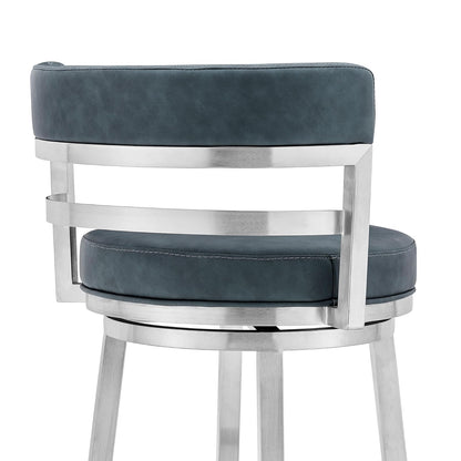 Armen Living Madrid 26" Counter Height Swivel Blue Faux Leather and Brushed Stainless Steel Bar Stool