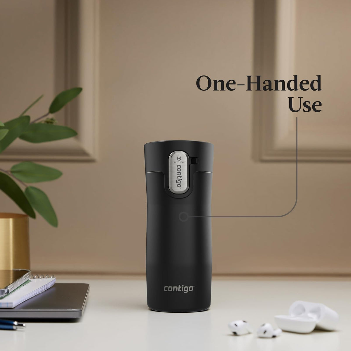 Contigo AUTOSEAL West Loop - Taza de viaje de acero inoxidable aislada al aspiradora con tapa fácil de limpiar, 12 onzas, negro mate