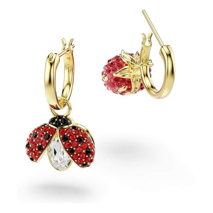 Swarovski Idyllia - arete colgantes (3), catarina, trébol, fresa, multicolor, baño dorado