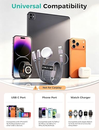 Travel Essentials, cable USB C 3 en 2 para cargador de Apple Watch, cargador de iPhone, cable de carga múltiple, artículos esenciales para caravanas y campamentos, portátil para iWatch Series 11-2
