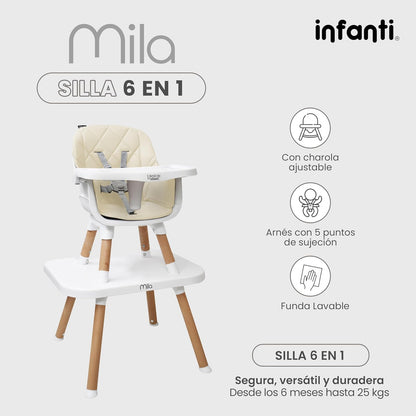 INFANTI | Silla para Bebe Alta 3 en 1 MILA | Convertible para Bebes de 6 Meses a 25 kg | Arnés de 5 Puntos y Charola Ajustable - Fácil de Limpiar y Ligera | Color Beige