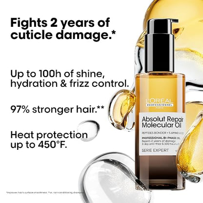 L'Oréal Professionnel Absolut Repair Molecular Aceite 90ml | Para cabello muy dañado. Aceite bifásico que reconstruye y da brillo. Repara hasta 2 años de daño en un solo uso.*