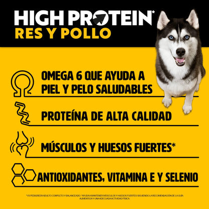 Pedigree - High Protein, Croquetas para Perro Adulto, Sabor Res y Pollo, Alimento Completo para Perro con Alta Proteína, Vitaminas y Omega 6, 18 kg