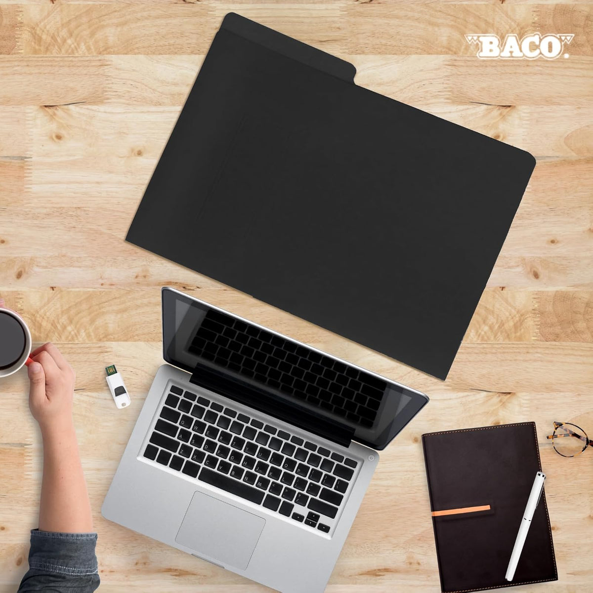Baco | Carpeta Tamaño Oficio con Media Ceja y Broche Baco 8cm - Paquete con 10 Carpetas (Negro)