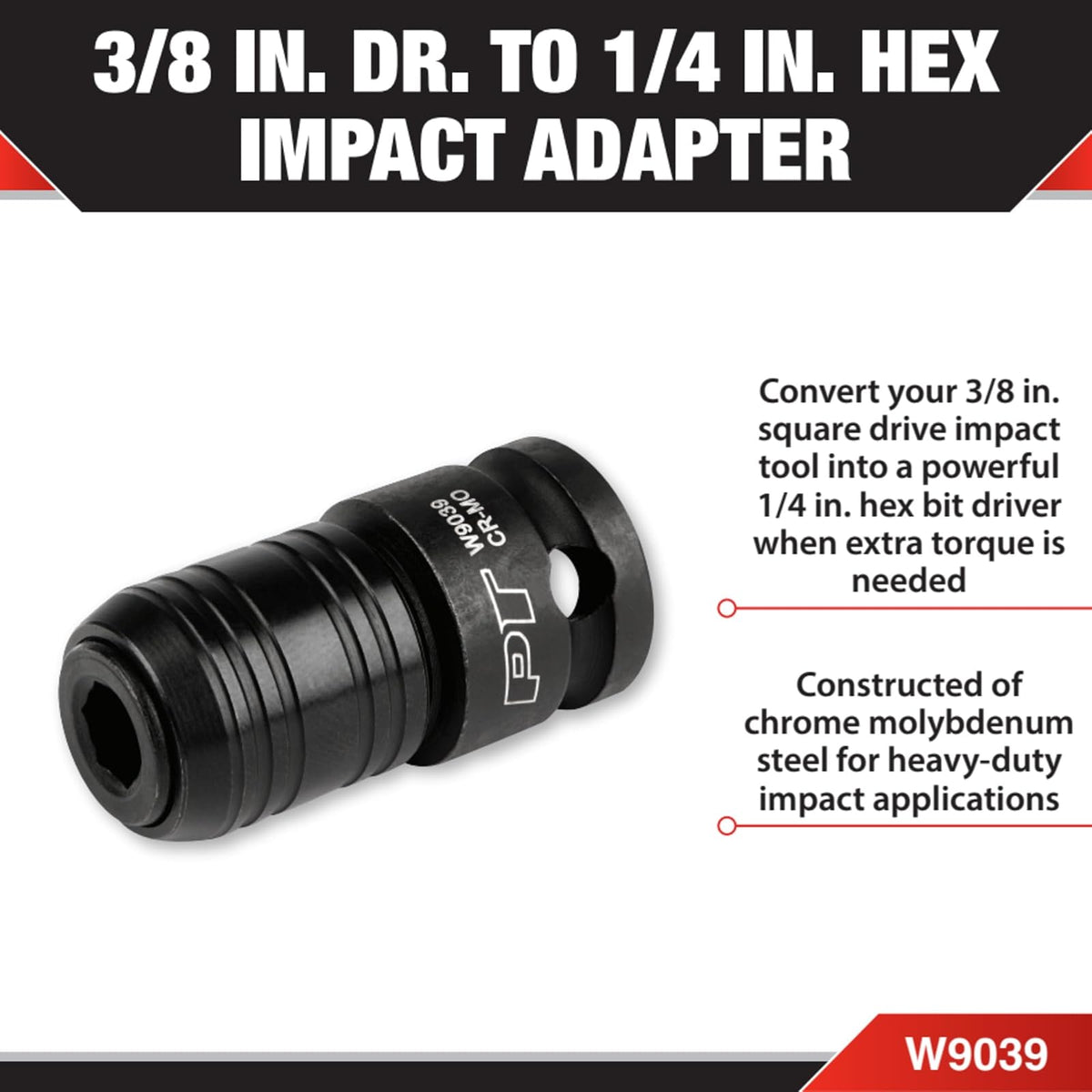 Performance Tool Adaptador Hexagonal W9039, 3/8" a 1/4", Acero Cromo-Molibdeno