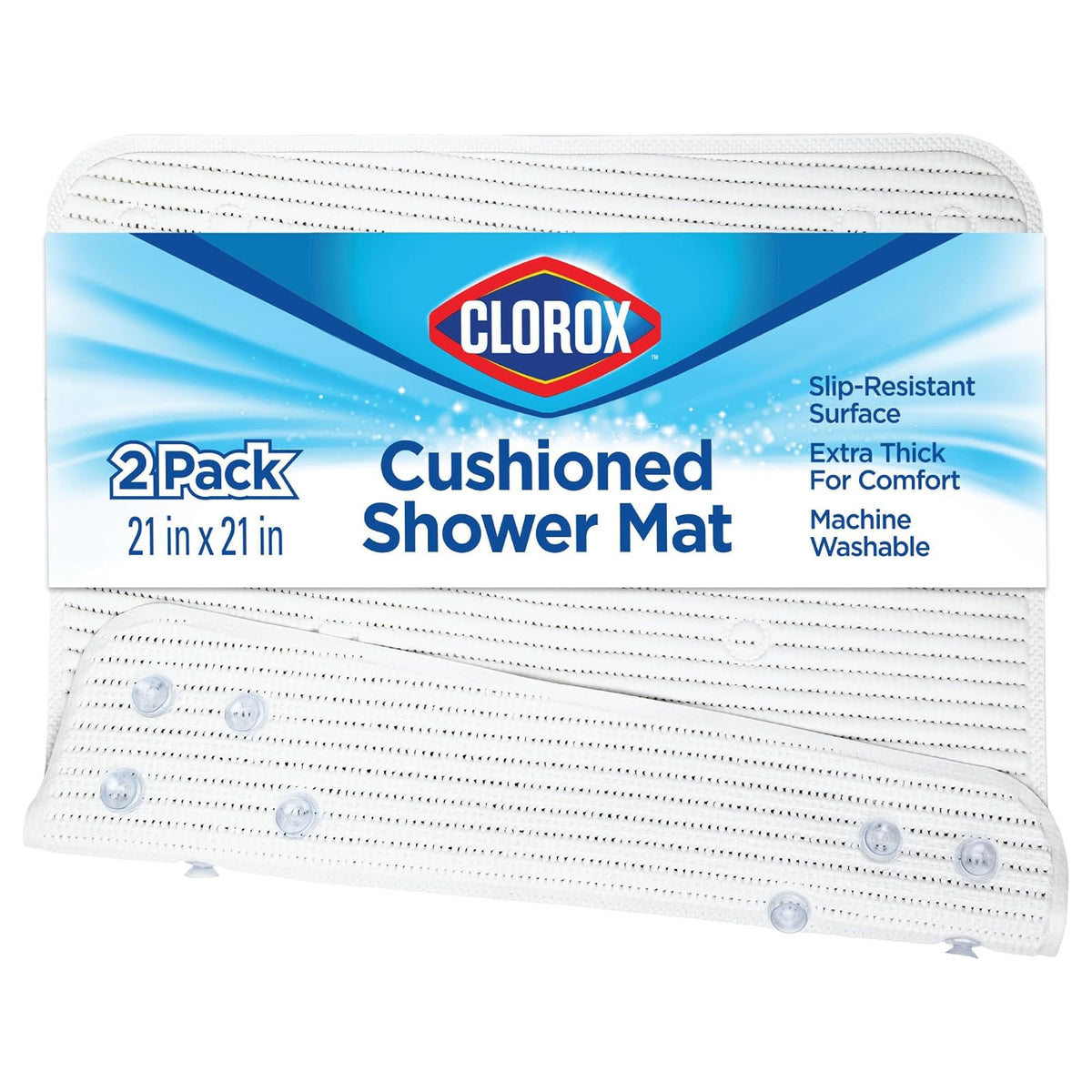 CLOROX Duck Brand Tapete de Ducha Acolchado, Antideslizante con ventosas, 21 x 21 Pulgadas, Blanco, Paquete de 2