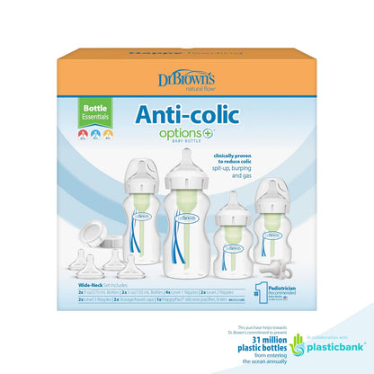Dr. Brown's Opciones anticólicos + biberones de cuello ancho para reducir los cólicos, juego de regalo esencial para biberones