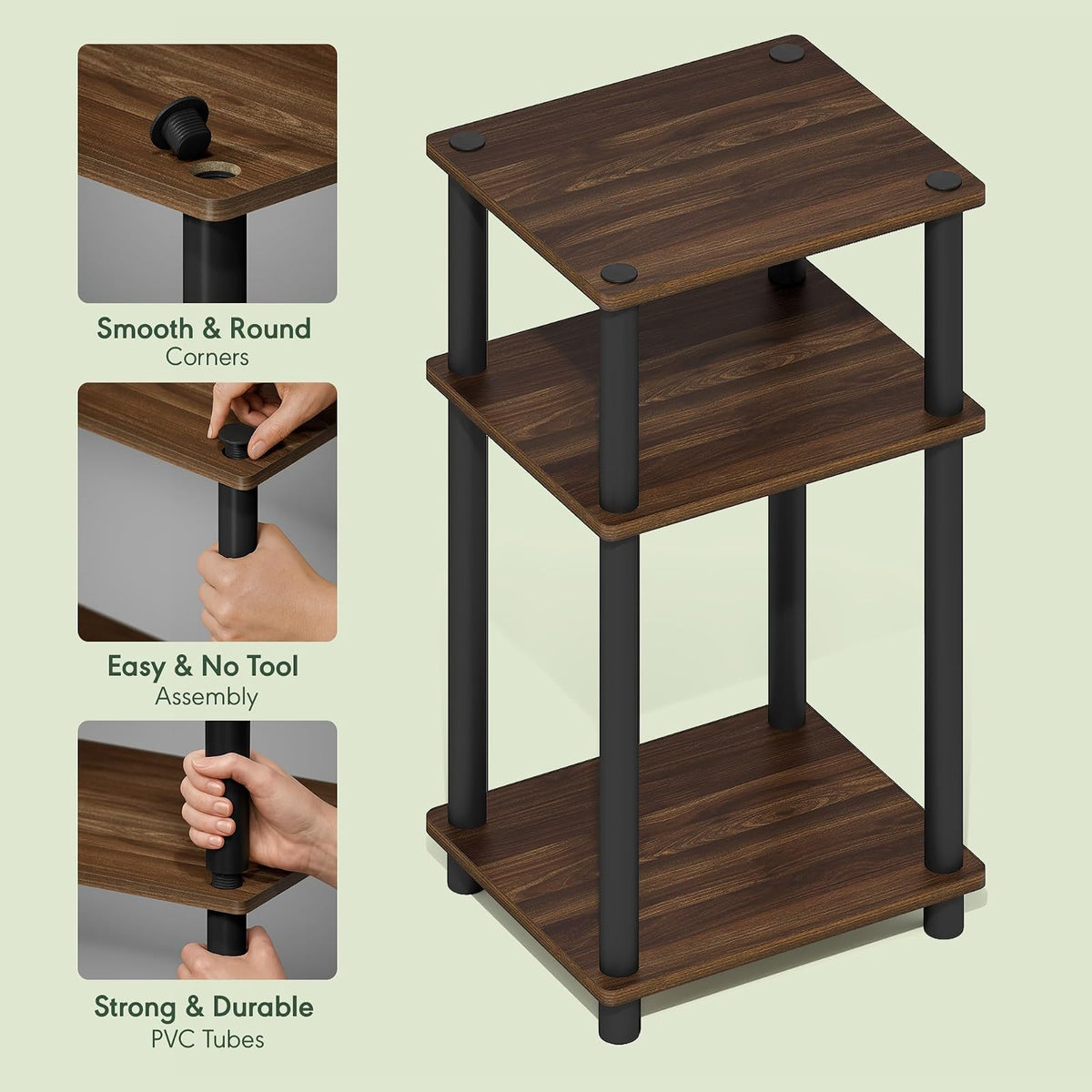 Furinno Just Turn-N-Tube, Mesa Auxiliar de 3 Niveles, Columbia Nogal con Negro, Set de 2