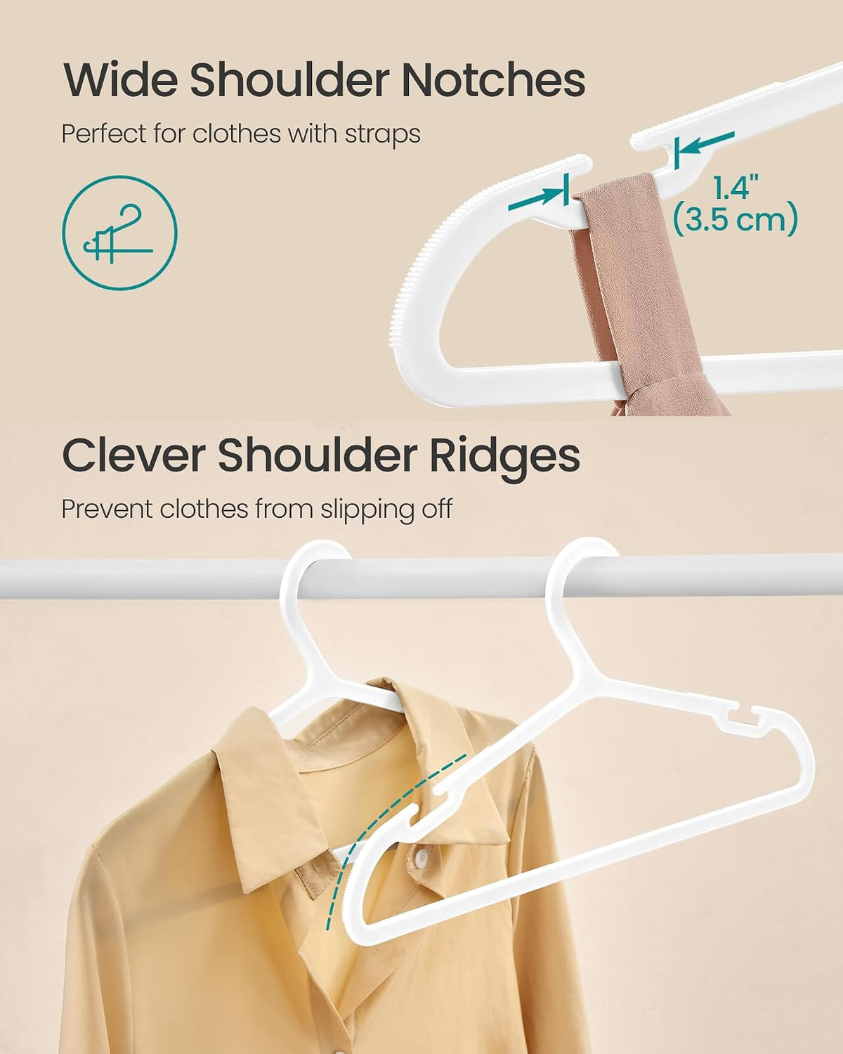 SONGMICS UCRP010W01 - Perchas de plástico con Muesca Ancha en los Hombros, Perchas de Ahorro de Espacio, 16.4 Pulgadas de Ancho, para clóset, Blanco Nube