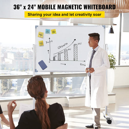 VEVOR - pizarrón blanca magnética móvil, 36 x 24 pulgadas, doble cara, reversible de 360 grados, tabla de borrado en seco, altura ajustable con marco de aluminio y ruedas giratorias bloqueables, para
