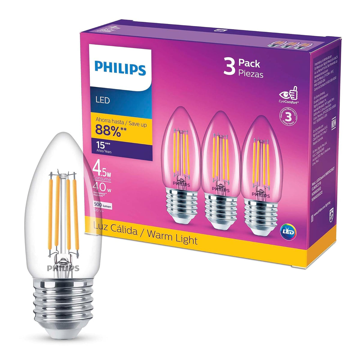 Philips LED Vela luz cálida 4.5W = 40W base E27 3pack