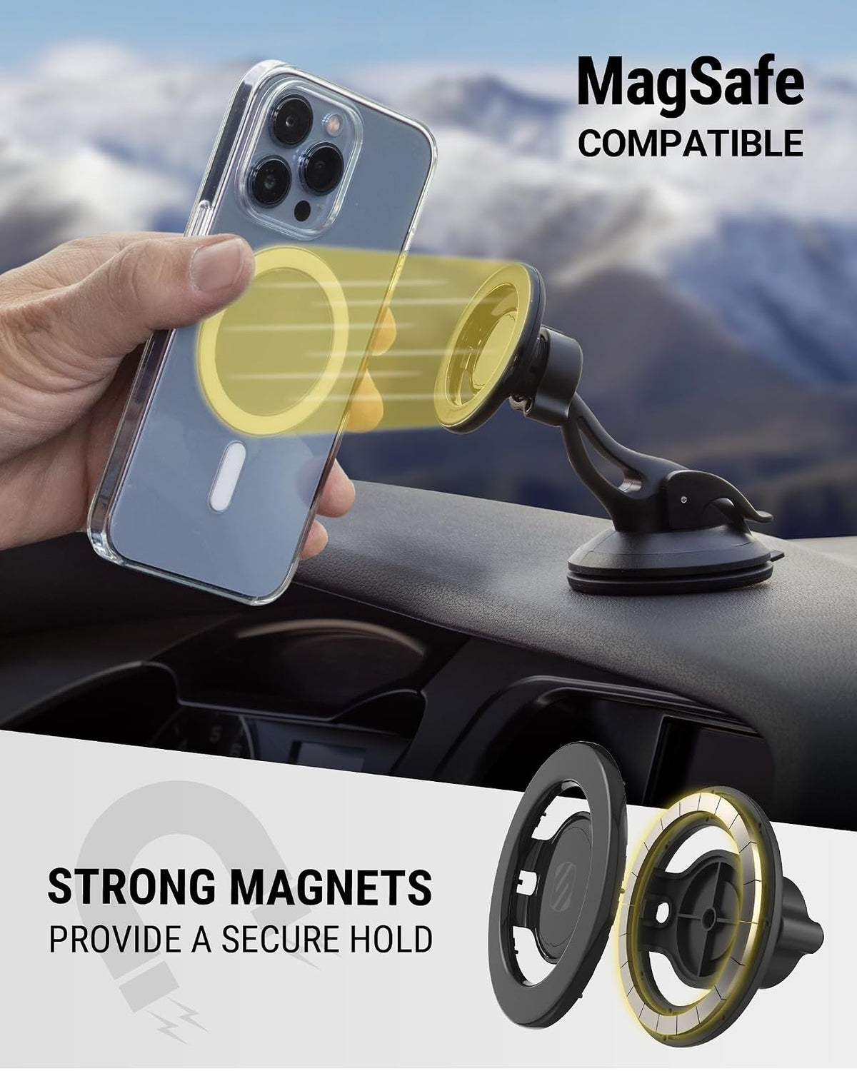 Scosche MagicMount™ SMSWD - Soporte magnético para teléfono para salpicadero de automóvil/parabrisas, soporte MagSafe, soporte para teléfono con ventosa compatible con iPhone 16, 15, 14, 13, 12, funda Mag