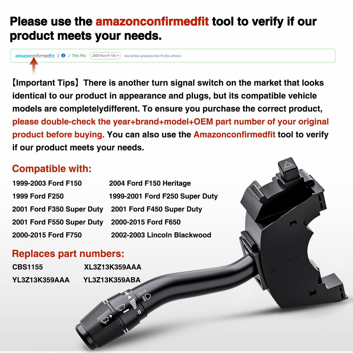 Nilight Interruptor de señal de giro compatible con Ford F150 F-150 F-250 F-350 F-450 F-550 Super Duty F650 F750 Lincoln Blackwood Combinación de limpiaparabrisas garantía garantía