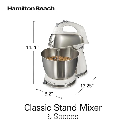 Hamilton Beach Batidora de Pedestal y Manual Clásica, 6 Velocidades, Tazón Acero Inoxidable, Blanca (64655)