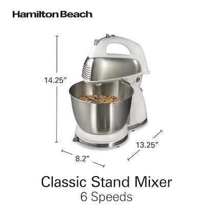 Hamilton Beach Batidora de Pedestal y Manual Clásica, 6 Velocidades, Tazón Acero Inoxidable, Blanca (64655)