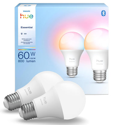 Philips Hue Foco LED inteligente esencial A19, Ambientación blanca y de color, base E26, 8.8W, 2200K-6500K, 800 lúmenes, regulable, funciona con Alexa, Google y Apple Home, paquete de 2