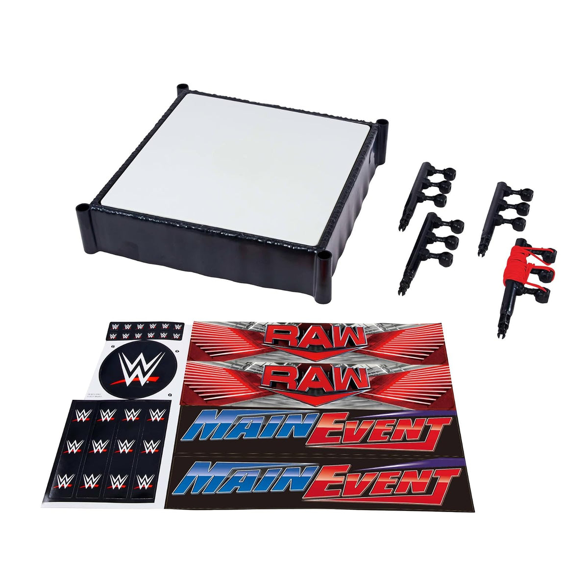 Mattel WWE - Anillo de Superestrella con Etiquetas, Evento Principal y Crudo, Alfombrilla de Anillo con Resorte y Cuerda elástica de tensión Profesional