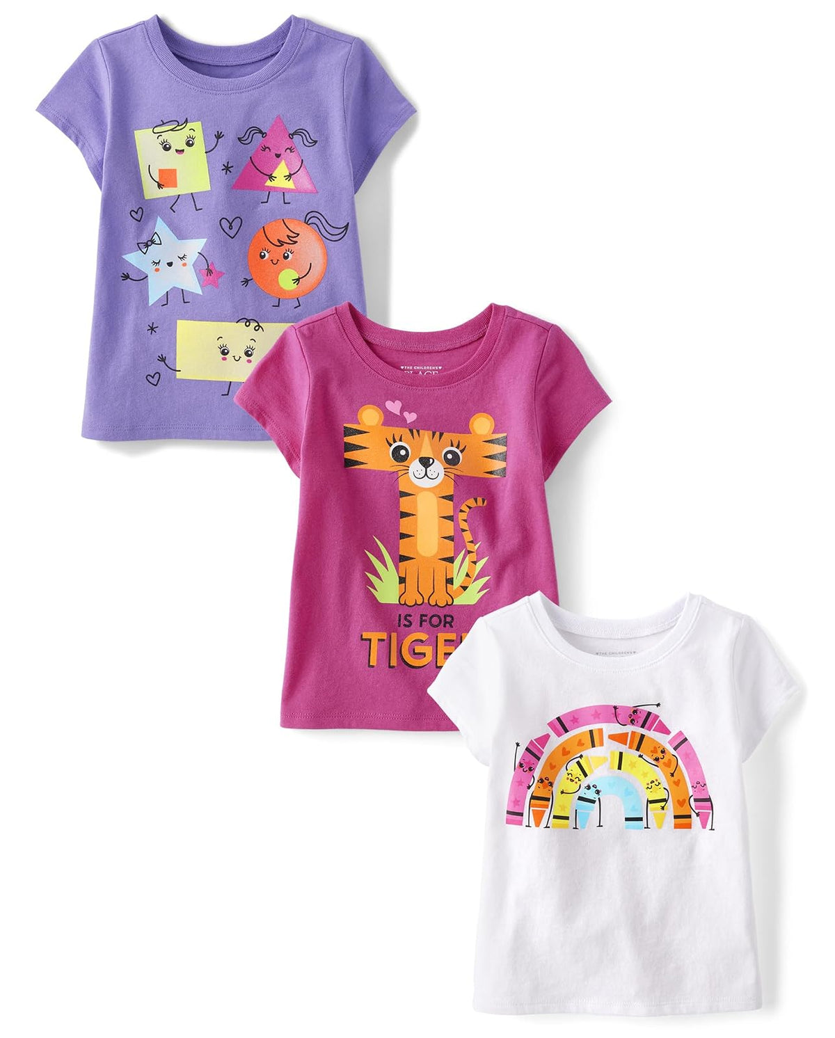 The Children's Place Playera Gráfica para niña, paquete de 2 - Tigre - Shape Friends - Crayon Rainbow - 4T