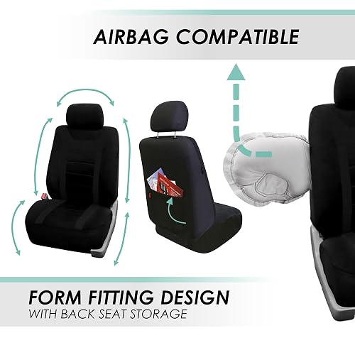 FH GROUP Universal Fit Full Set Sports Fabric Car Seat Cover with Airbag & Split Ready, (Black) (FH-FB070115, Fit Most Car, Truck, SUV, or Van)
