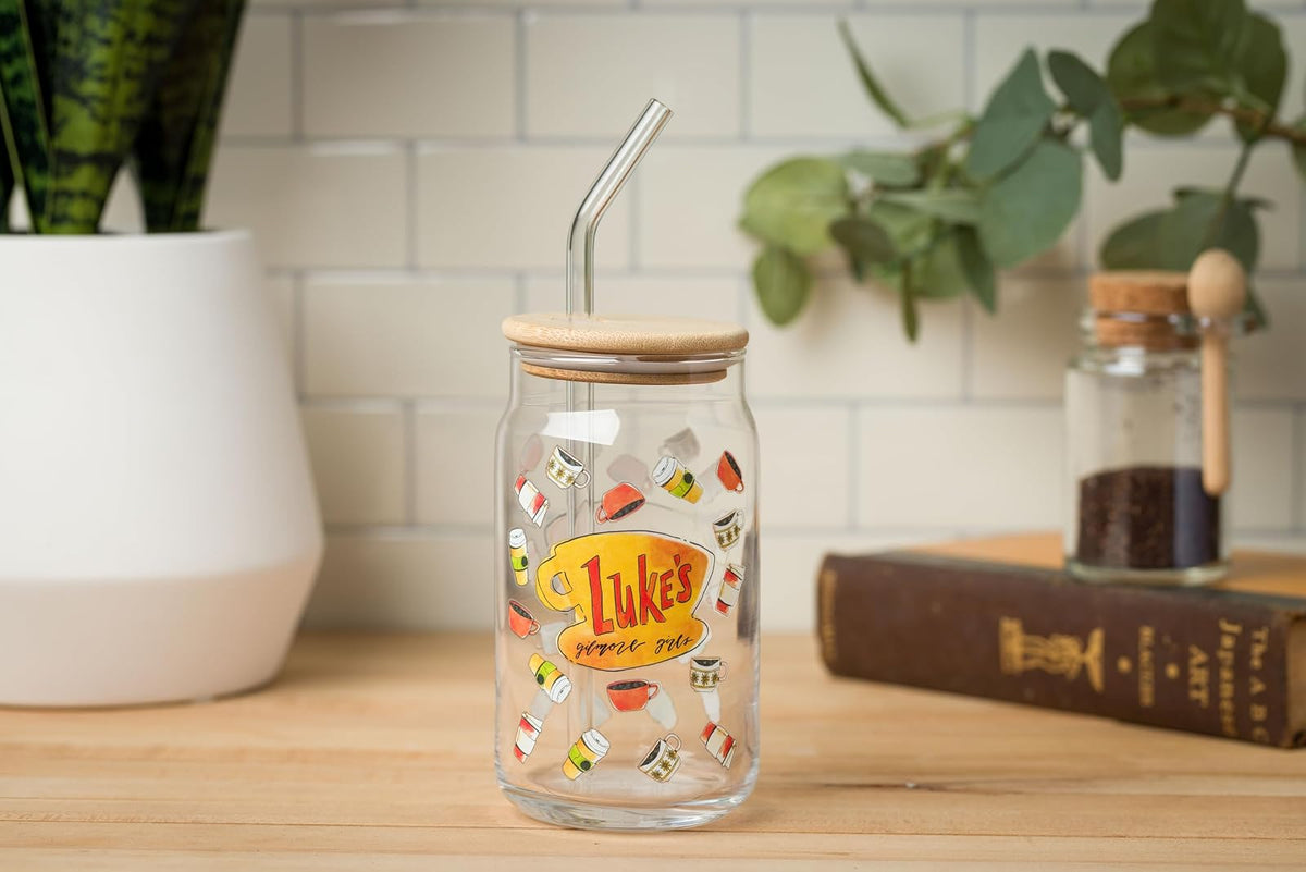 Silver Buffalo Gilmore Girls Luke's Diner - Vaso de vidrio con tapa de bambú y popote de vidrio, 16 onzas