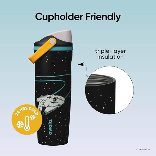 Owala Star Wars FreeSip Sway - Botella de agua de acero inoxidable con boquilla de dos vías, popote integrado y mango de cubeta, escuela y deportes, 30 onzas, sin BPA, a prueba de fugas, halcón